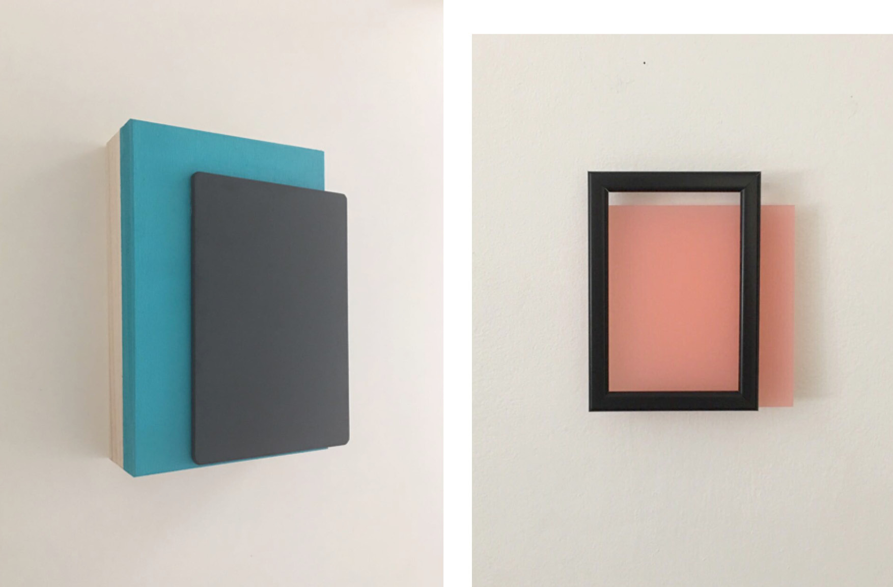 Blue (Triptych), 18.7 x 12.8 x 3.5 cm (2017) Acrylic and slate board on handmade Japanese wooden box (l) and Eirōneía, 17 x 15 cm (2017)  Black wooden frame and plexiglass (r)