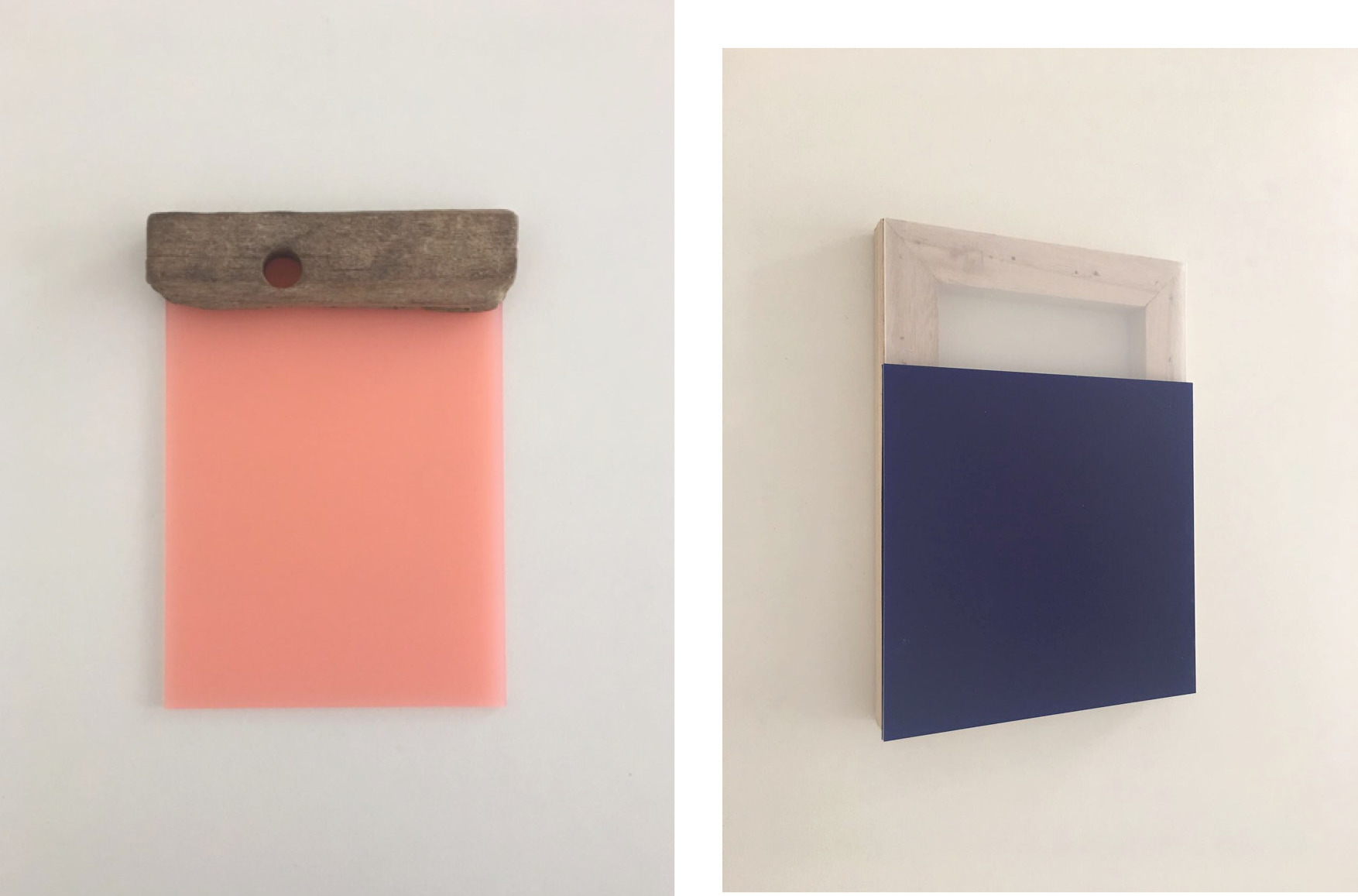 Poseidon‘ son, 21.5 x 15.5 x 2 cm (2017) Handpicked chunk of wood (East Sussex) on pink plexiglass (l) & Ral, 21.2 x 15 x 1.5 cm (2017) Plexiglass sheets (transparent and blue) on wooden frame